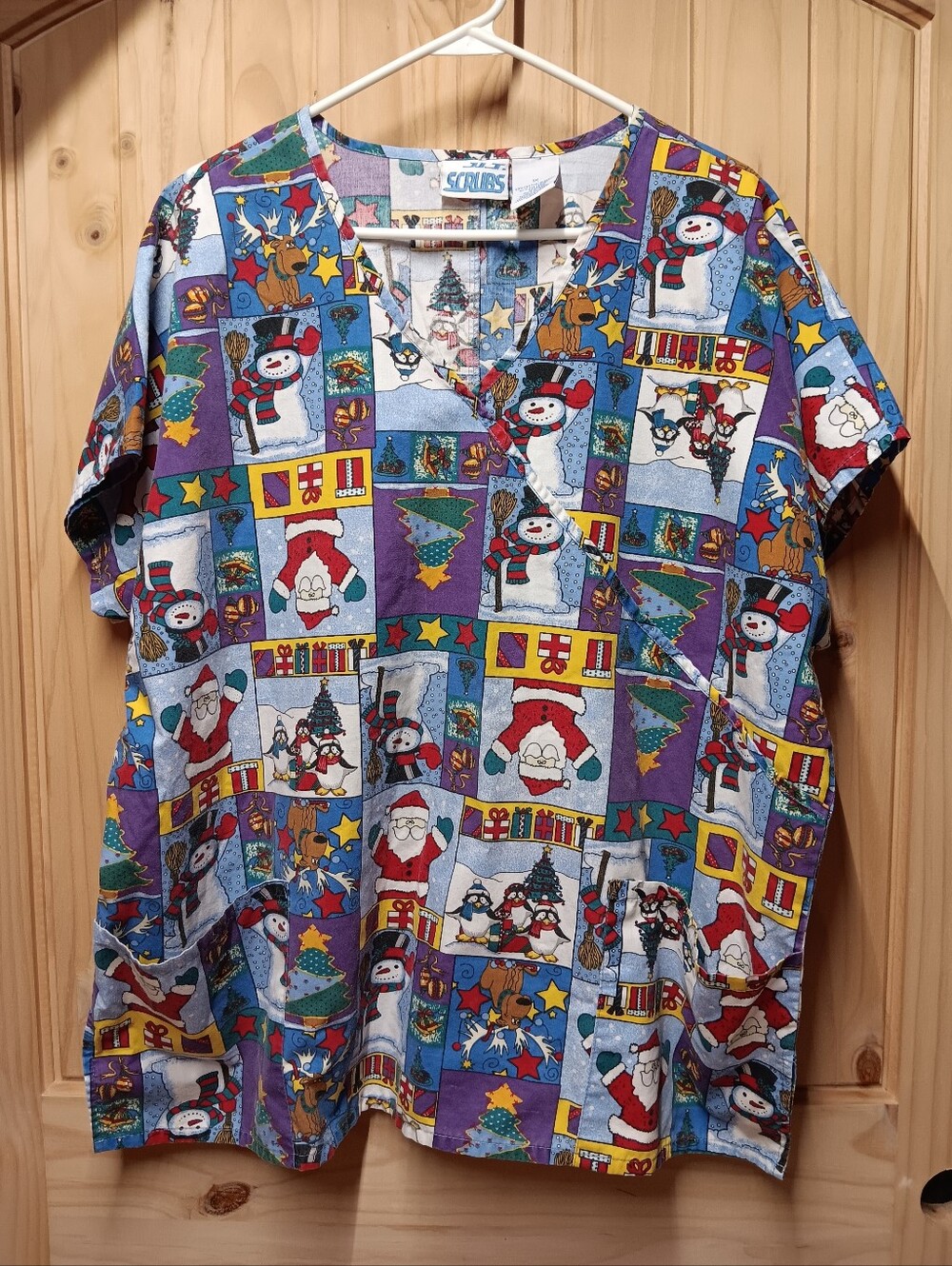 J I T  Scrubs Holiday Patchwork Print Scrub Top - Red, Green, Blue